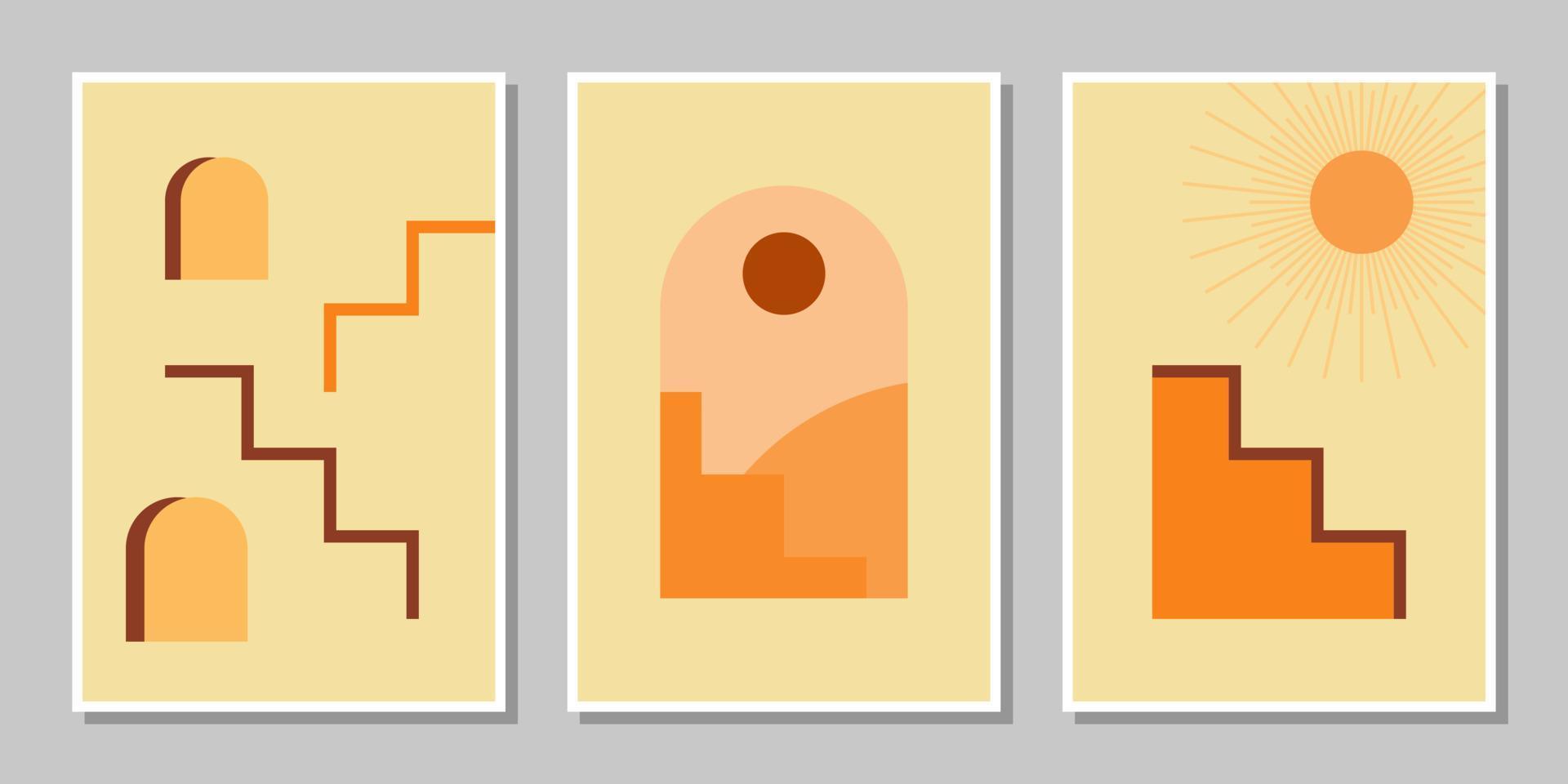 Set of three abstract stair posters mid century architecture boho art print wall decor vector