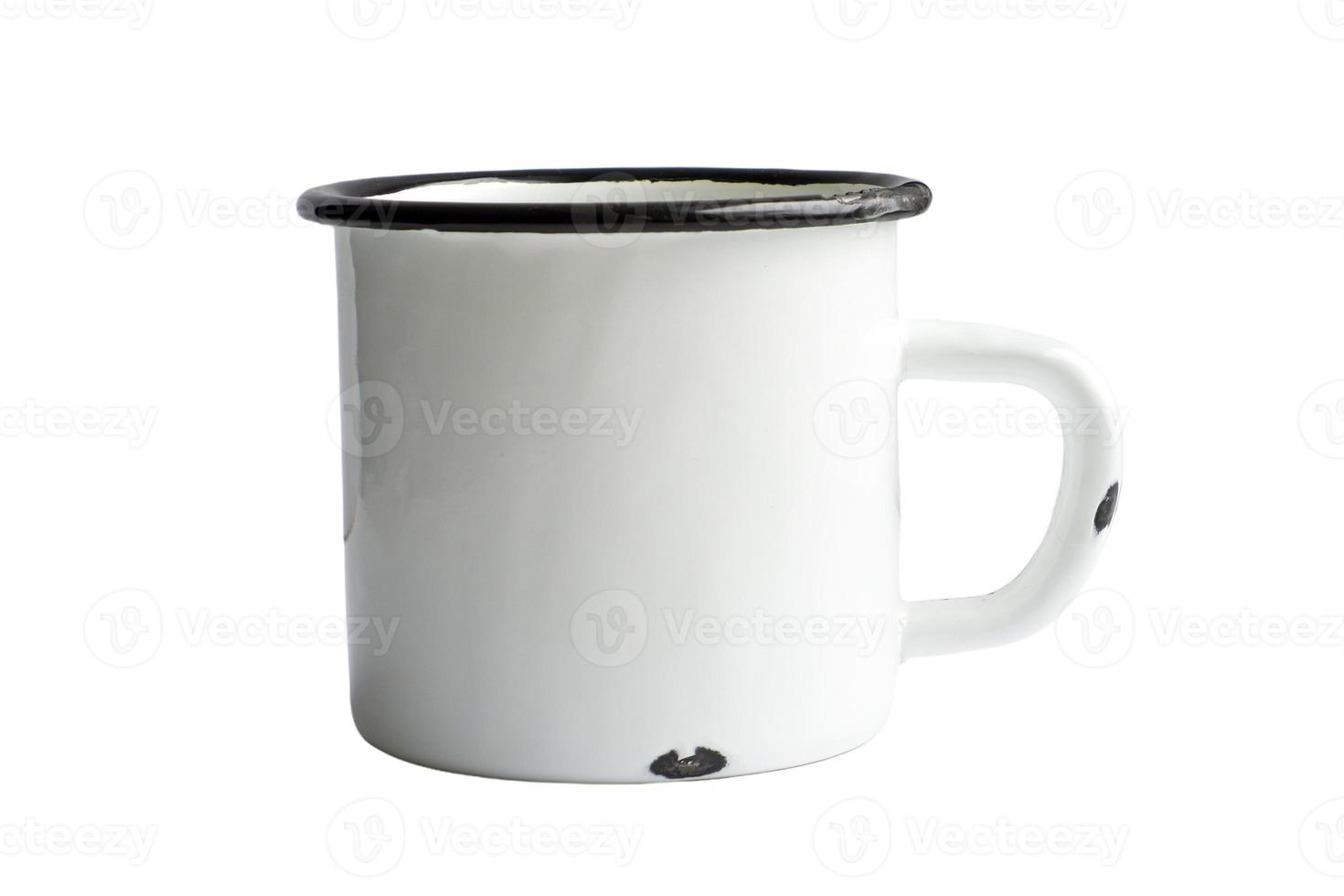 White blank Enamel Mug Mock-up isolated on white background. Blank cup for branding. High-resolution photo. photo