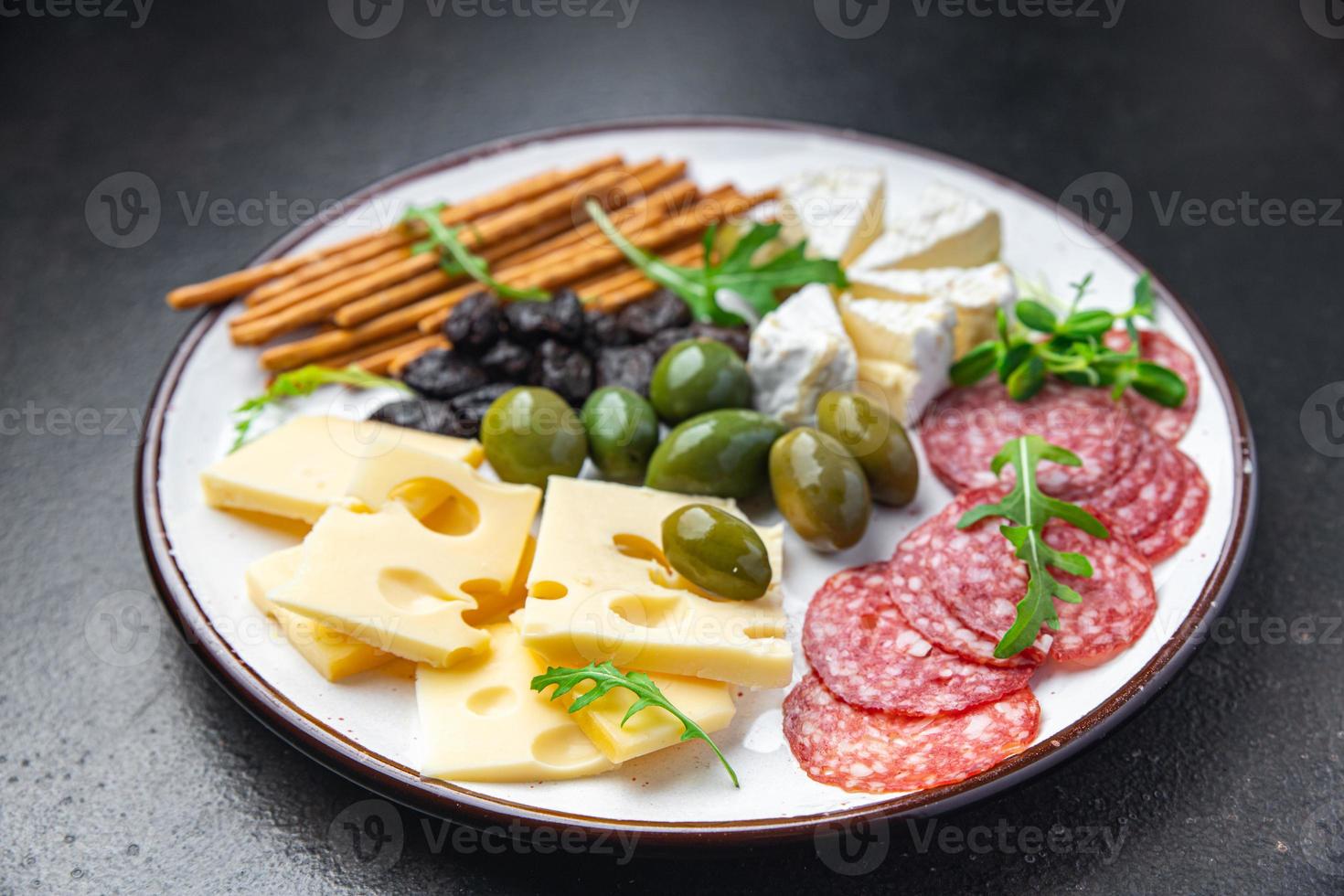 snack plate cheese, sausage, olive, bread stick fresh appetizer meal food photo