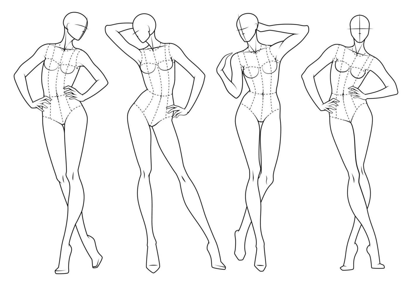 figura de moda diez cabezas plantilla de diseño croquis con corpiño vector