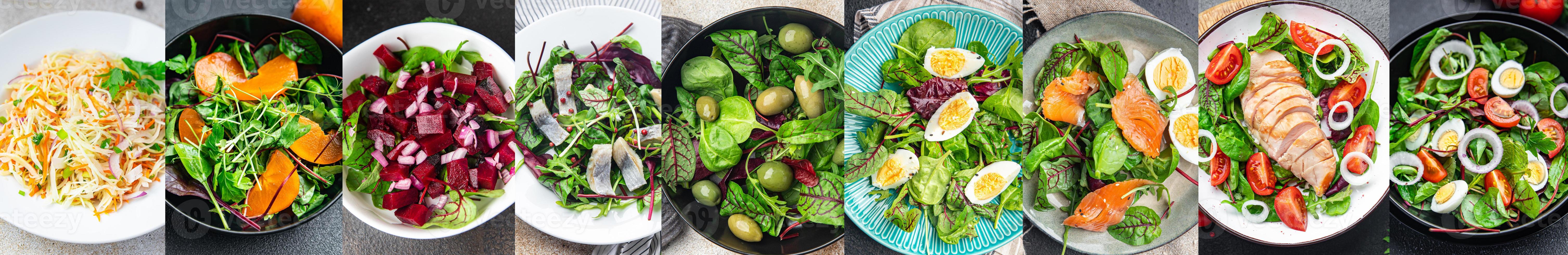 collage food fresh salad mix of salads various different types portion photo