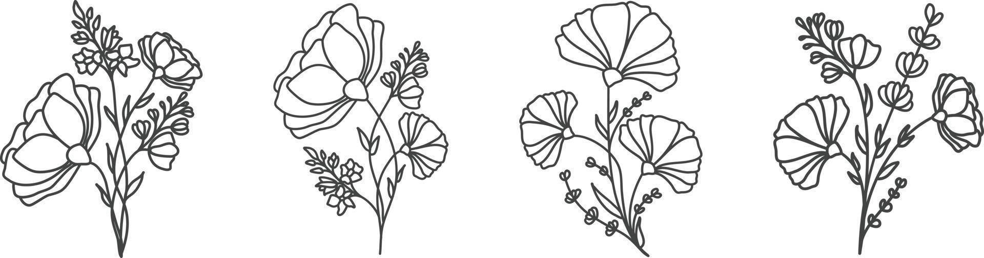 conjunto de diferentes líneas de flores, dibujo floral botánico sobre fondo blanco. vector