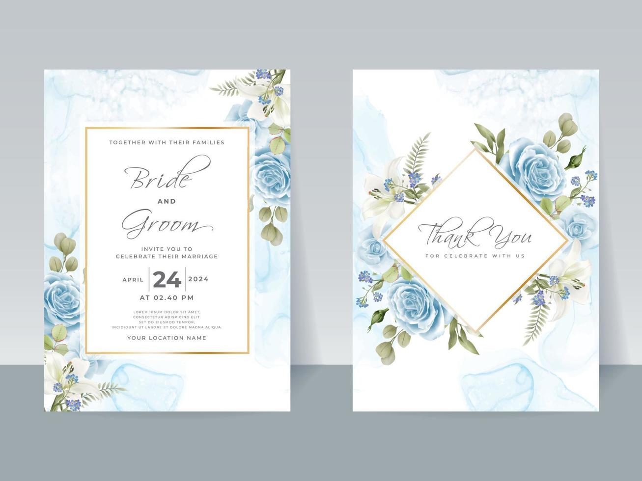 tarjeta de invitación de boda de rosas azules de dibujo a mano alzada vector