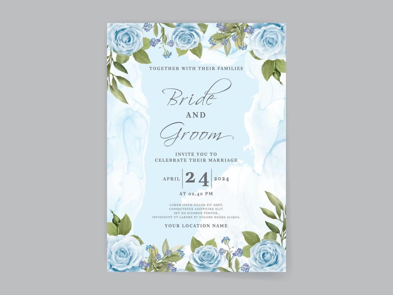 Hand drawing blue roses wedding invitation card vector