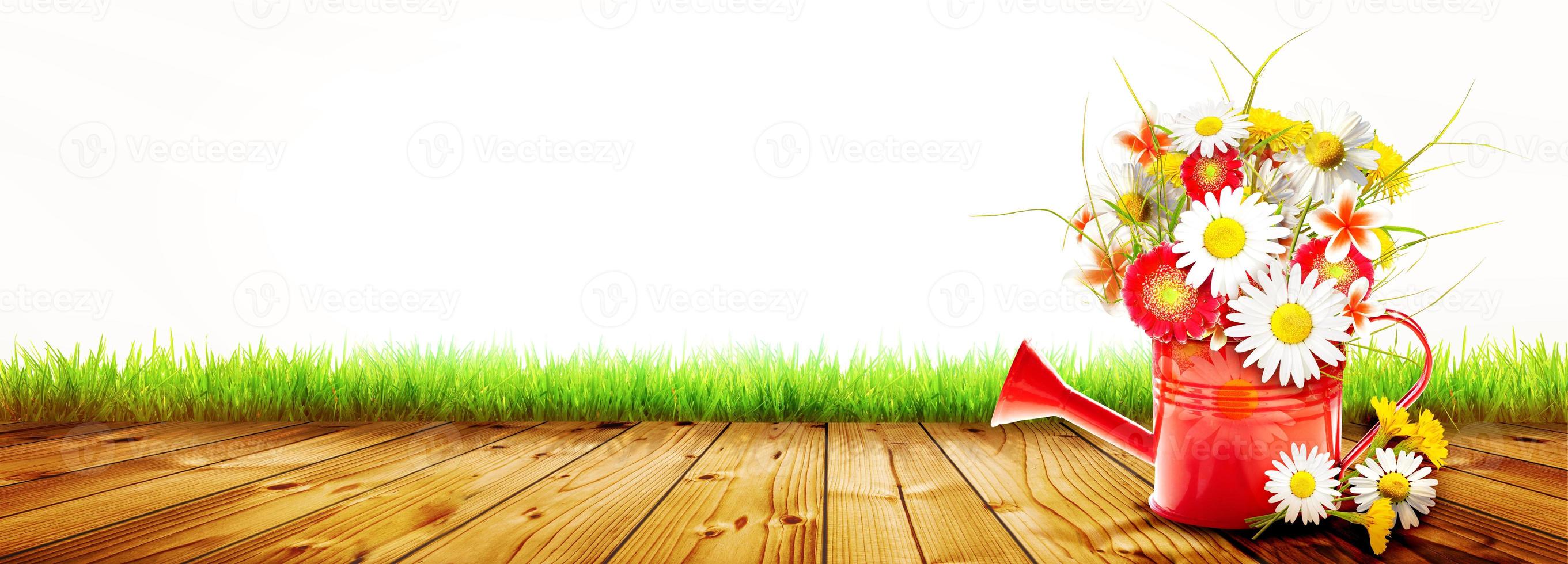 Colorful wild flower bouquet in a watering can. Concept of spring and gardening. photo