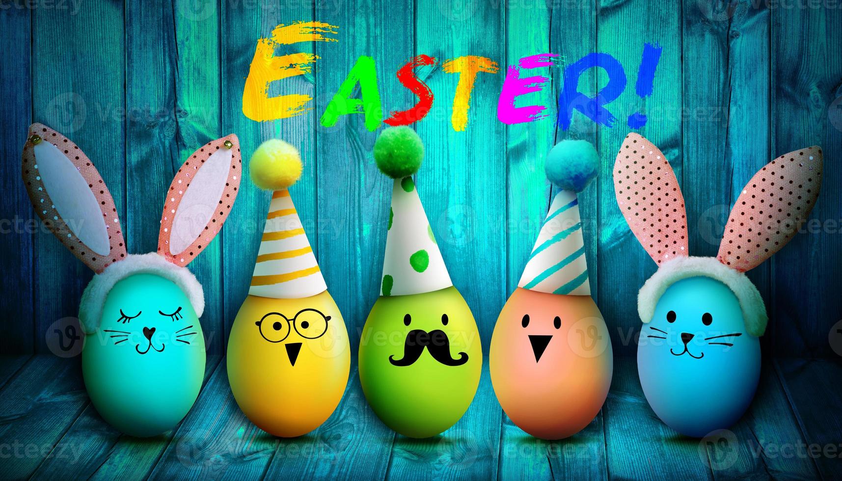 Easter background with colorful easter eggs on wooden background. photo