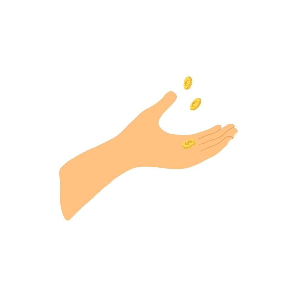 Vector illustration with hand receiving money in cartoon hand drawn flat style. Falling coins on the palm isolated on white background