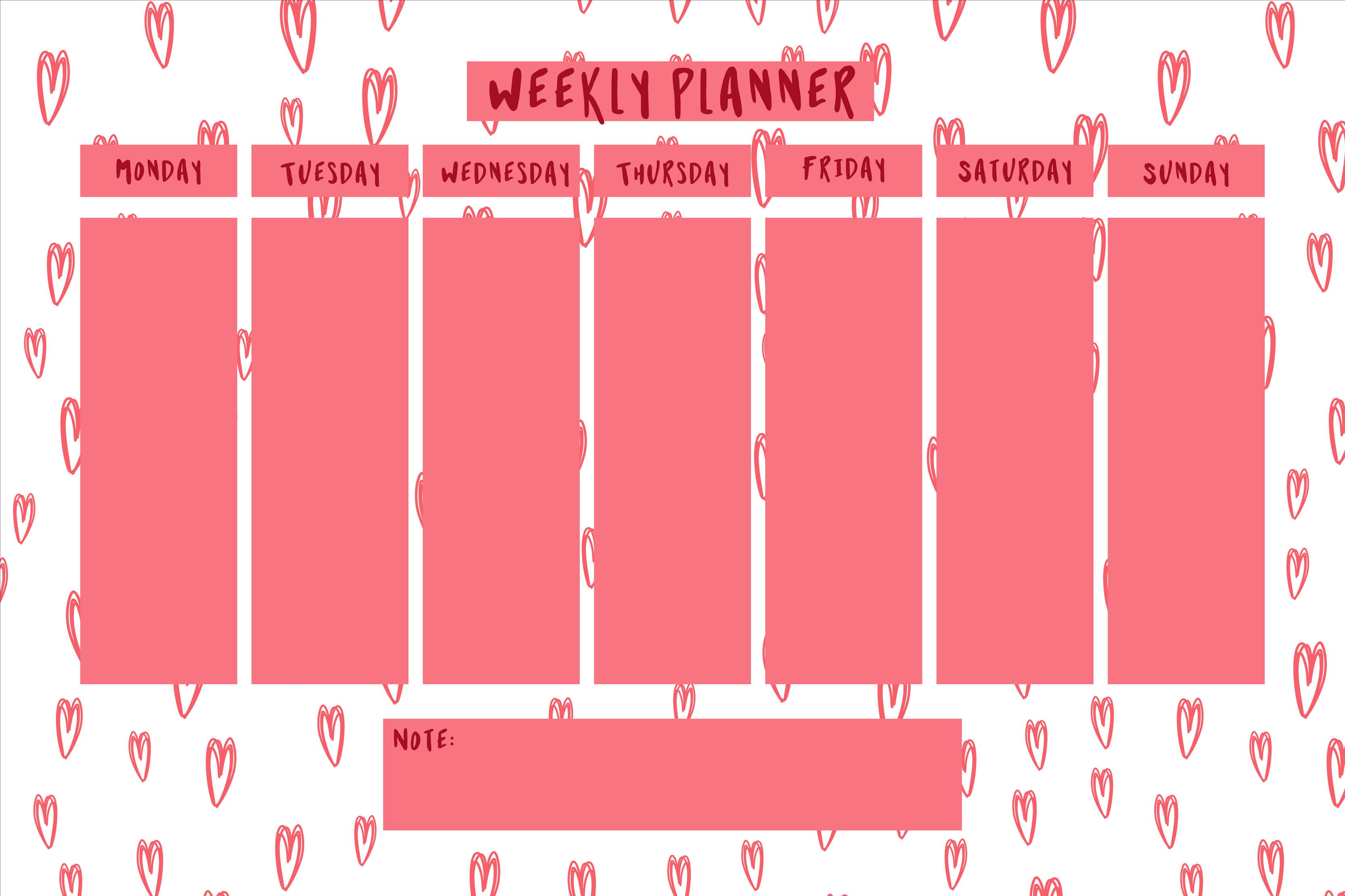 Weekly Planner With Pink Hearts In Doodle Cartoon Style Vector weekly-planner-with-pink-hearts-in-doodle-cartoon-style-vector