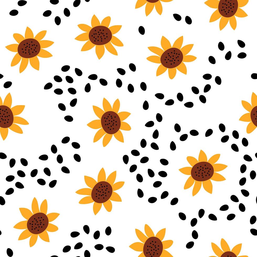 Seamless pattern with sunflowers and seeds. Summer floral background vector