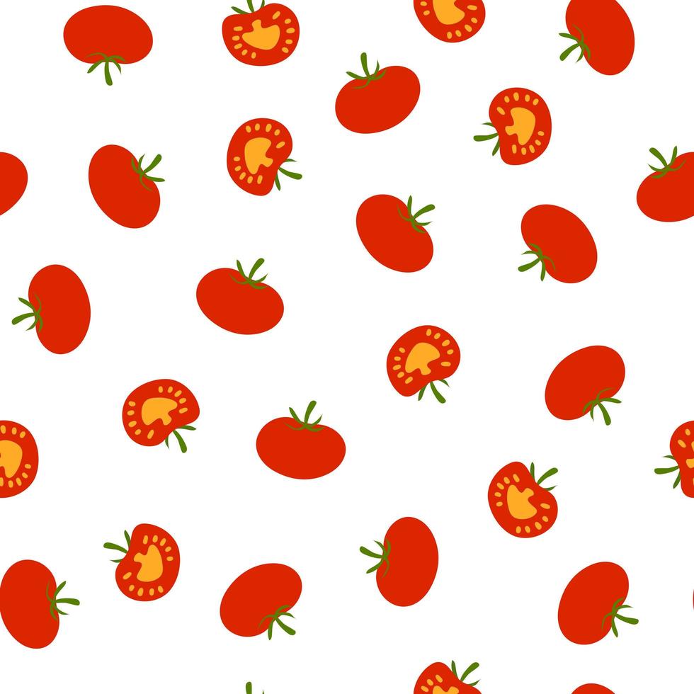 Seamless pattern with red ripe whole and sliced tomatoes in cartoon hand drawn flat style on white background for textile, web design vector
