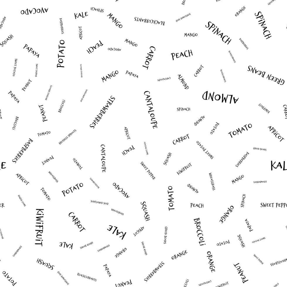 Seamless pattern with fruit and vegetable names on white background. Vector illustration