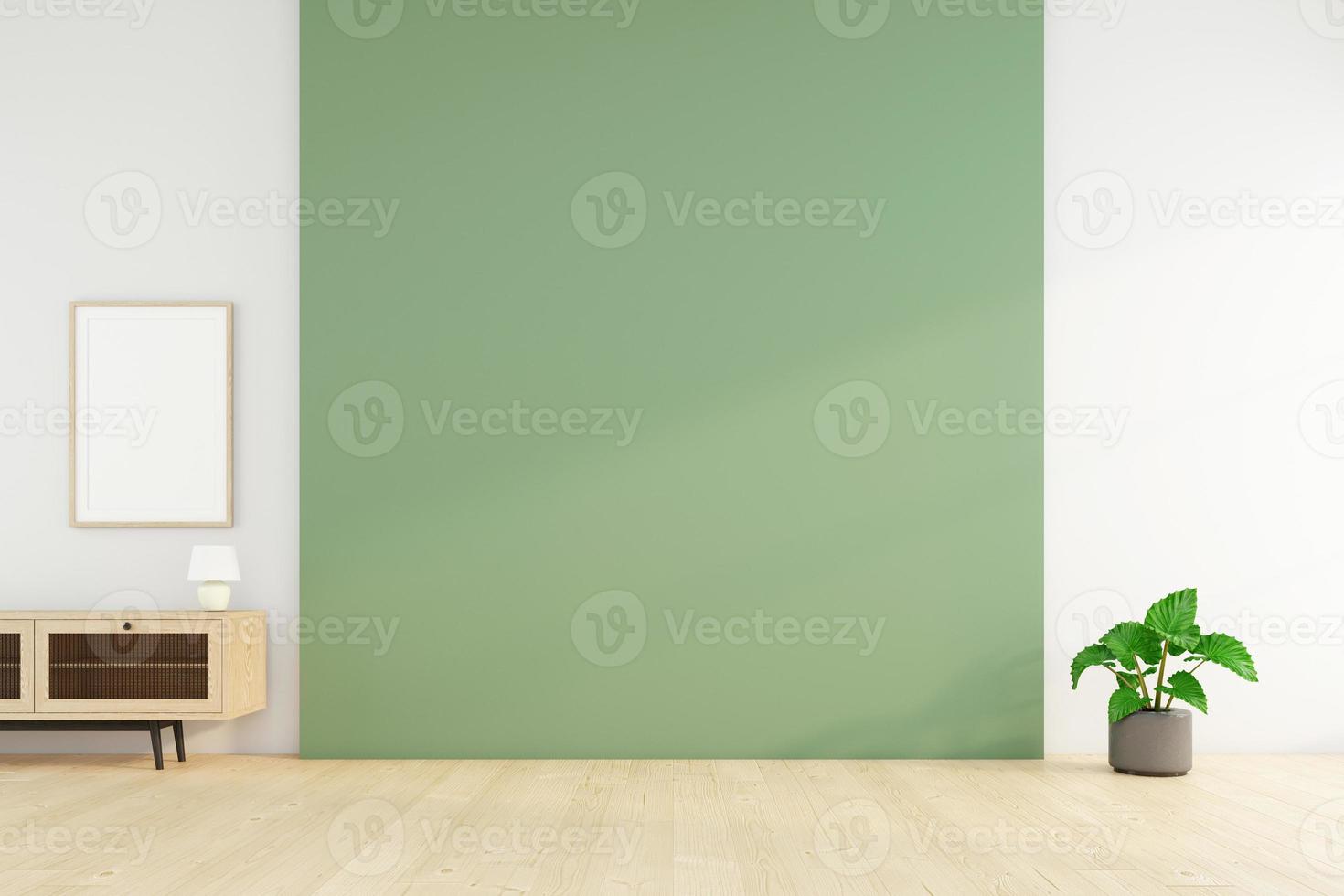 habitación vacía con pared verde y planta verde. representación 3d foto