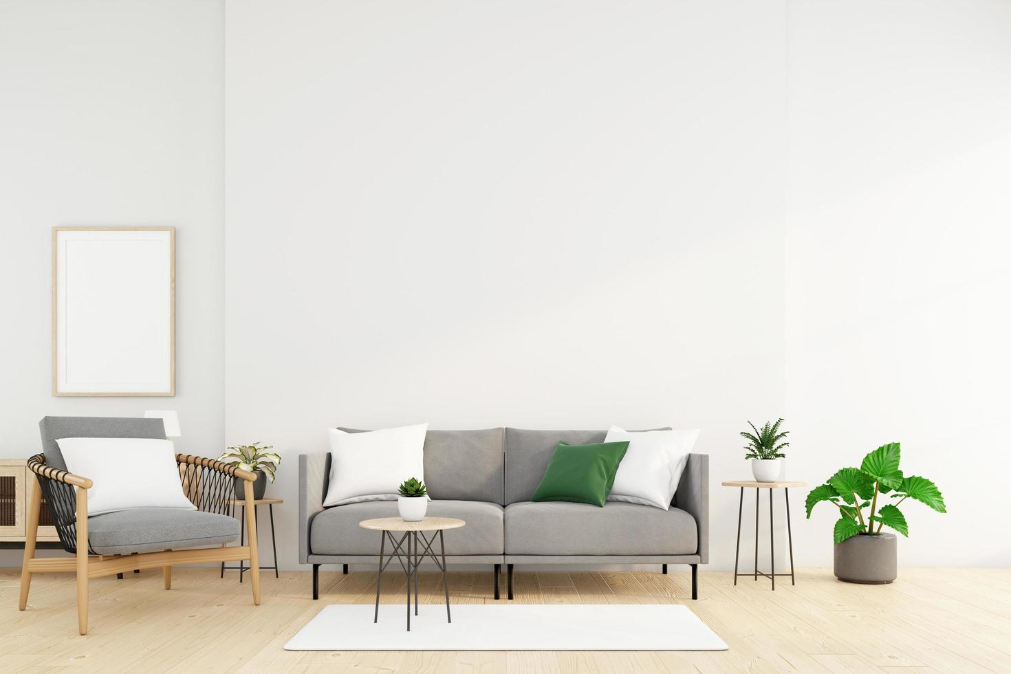 Minimalist living room with sofa and armchair, white wall and green plant. 3d rendering photo