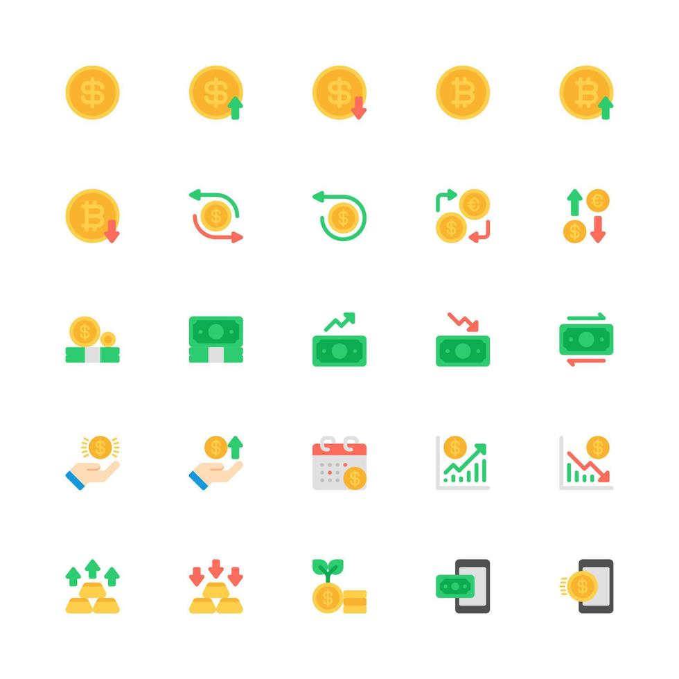 Currency Icon Set Flat Style. Money, Exchange, Profit, Growth And More vector