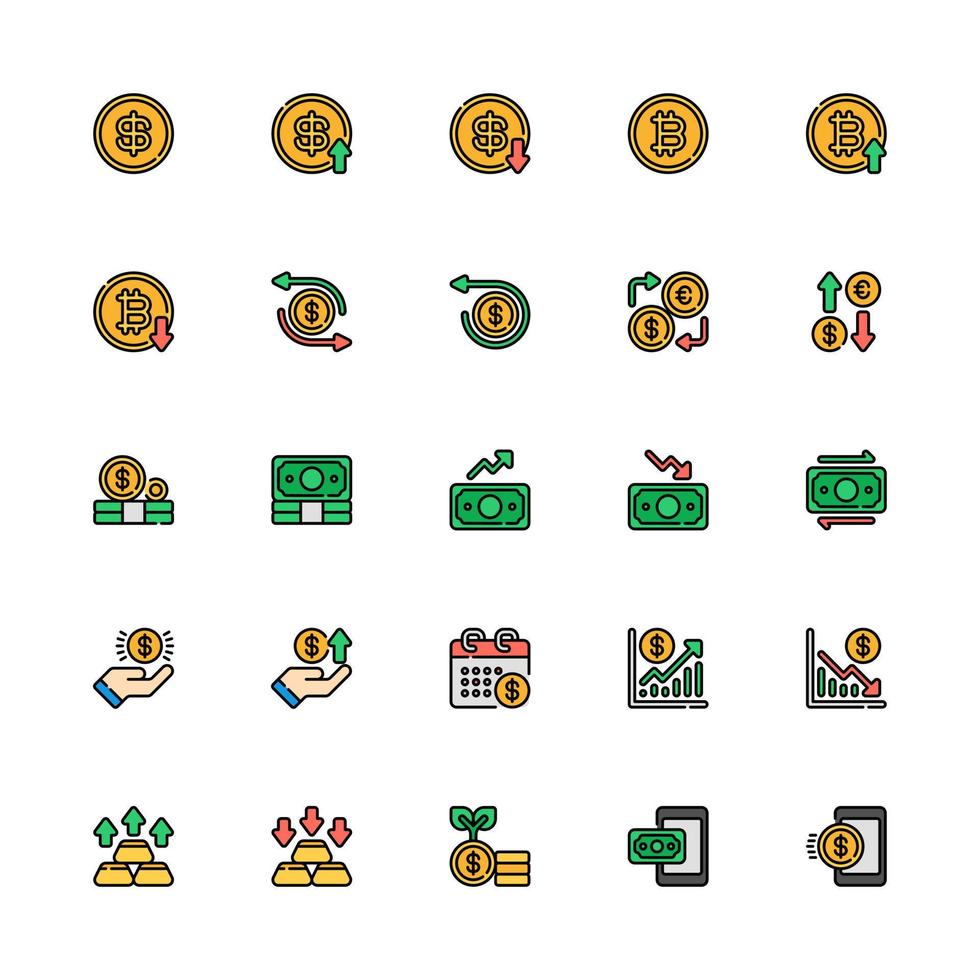 Currency Icon Set Filled Outline Style. Money, Exchange, Profit, Growth And More vector