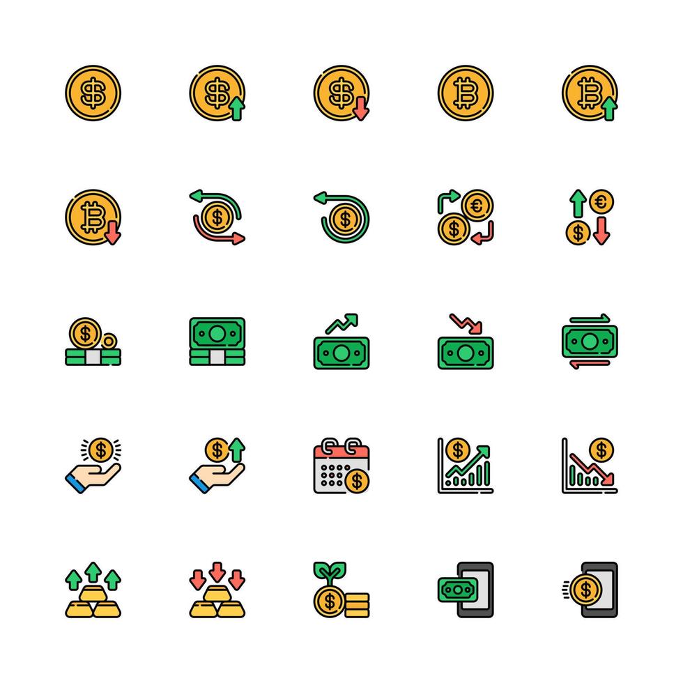 conjunto de iconos de moneda estilo de contorno lleno. dinero, intercambio, ganancias, crecimiento y más vector