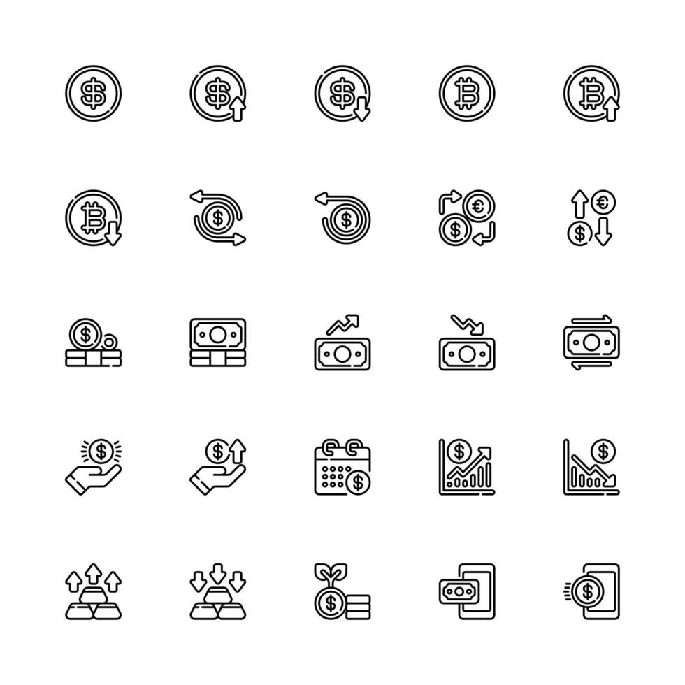 Currency Icon Set Line Style. Money, Exchange, Profit, Growth And More vector