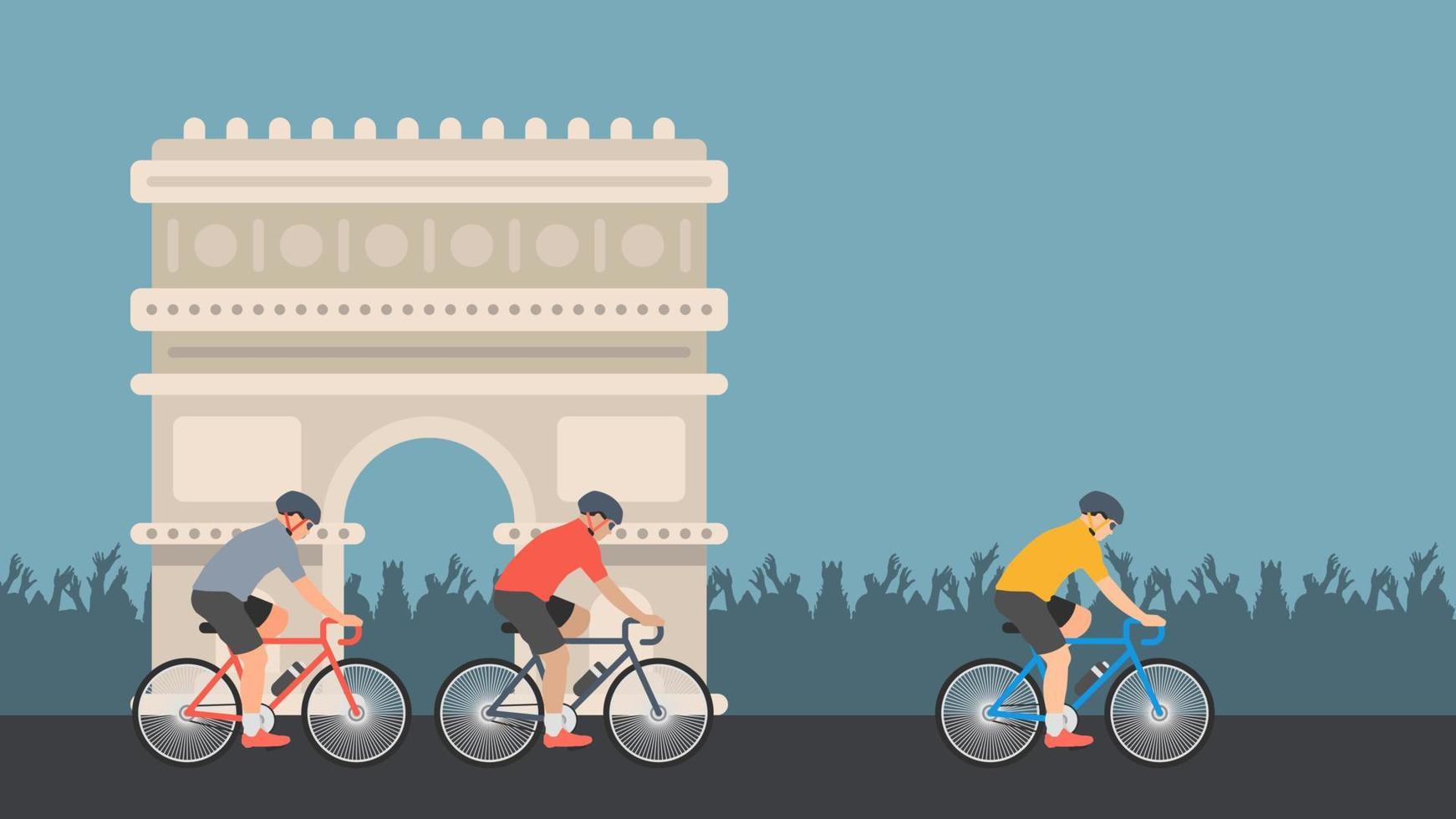 tres ciclistas con el arco del triunfo al fondo. ilustración vectorial con área de espacio de copia vector