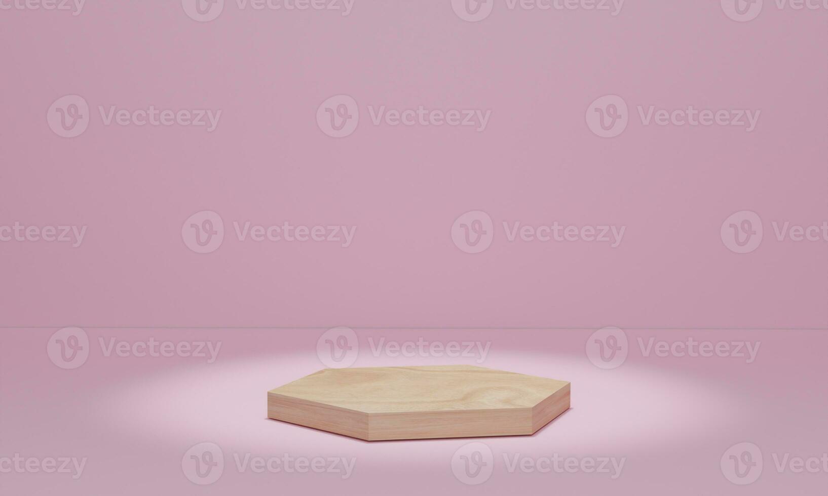 podio de madera con focos sobre fondo rosa. escenario de pedestal para la ceremonia de entrega de premios. Plataforma de presentación de productos. representación 3d foto