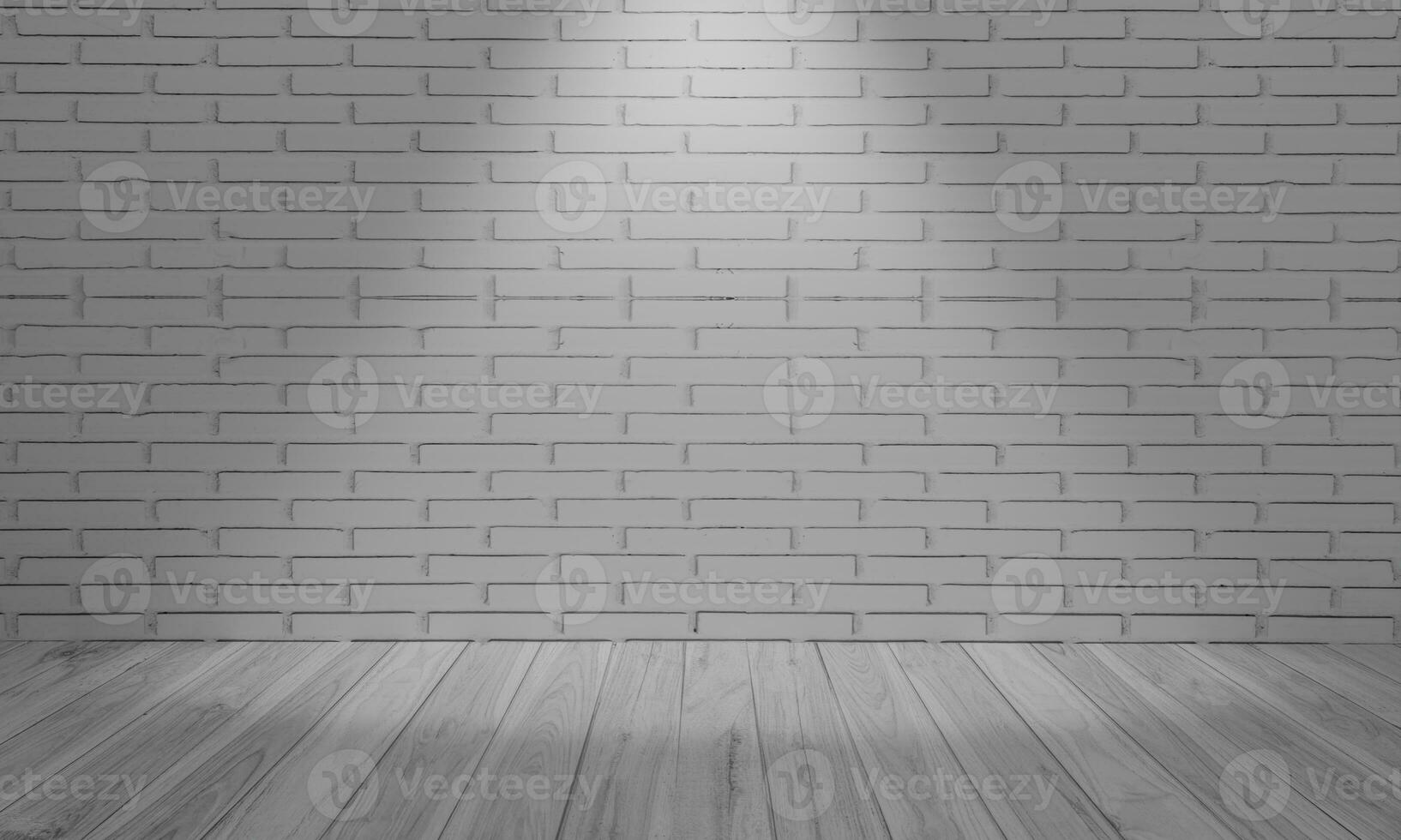 pared de ladrillo blanco y suelo de madera. interior moderno y luminoso. habitación vacía con foco. representación 3d foto