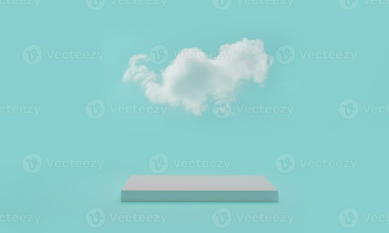 3d rendering. Minimal podium scene with cloud on blue background. Abstract platform with cylinder podium, product display stand. photo