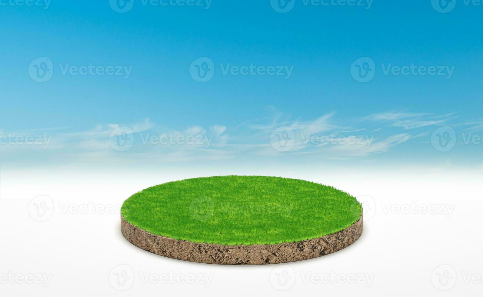 3d rendering, circle podium of land meadow. Soil ground cross section with green grass over blue sky background. photo