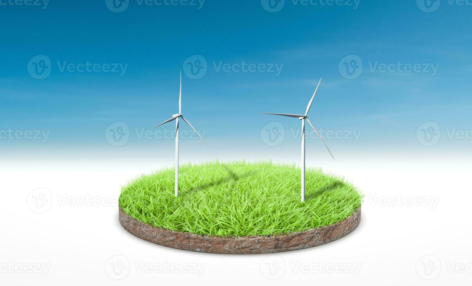 3d rendering. Cross section of green grass with wind turbine over blue sky background. photo