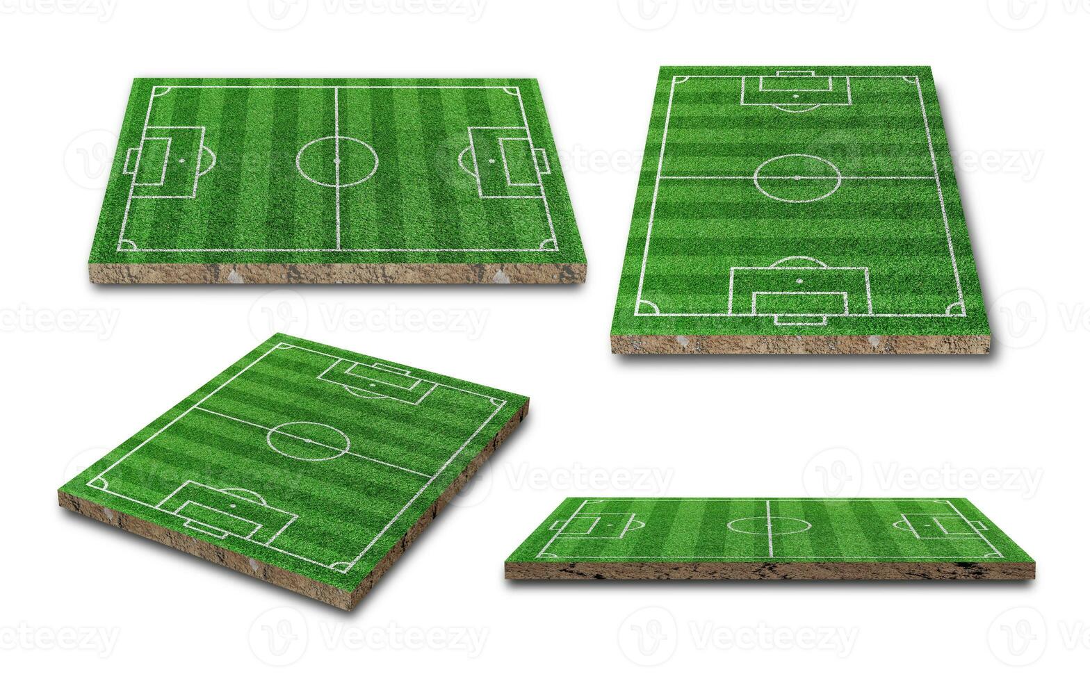 3D Rendering. Green lawn or grass soccer field collection isolated on white background. Different perspective photo