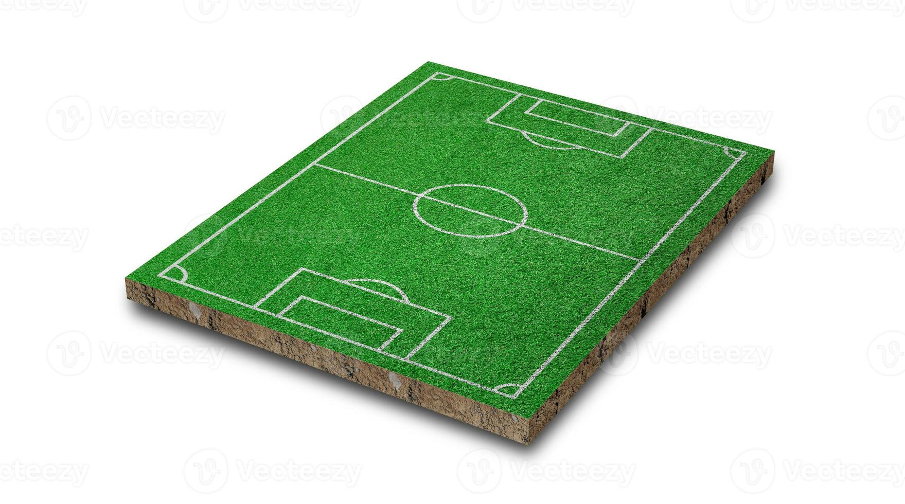 representación 3d césped de fútbol, campo de fútbol de hierba verde, aislado sobre fondo blanco. foto