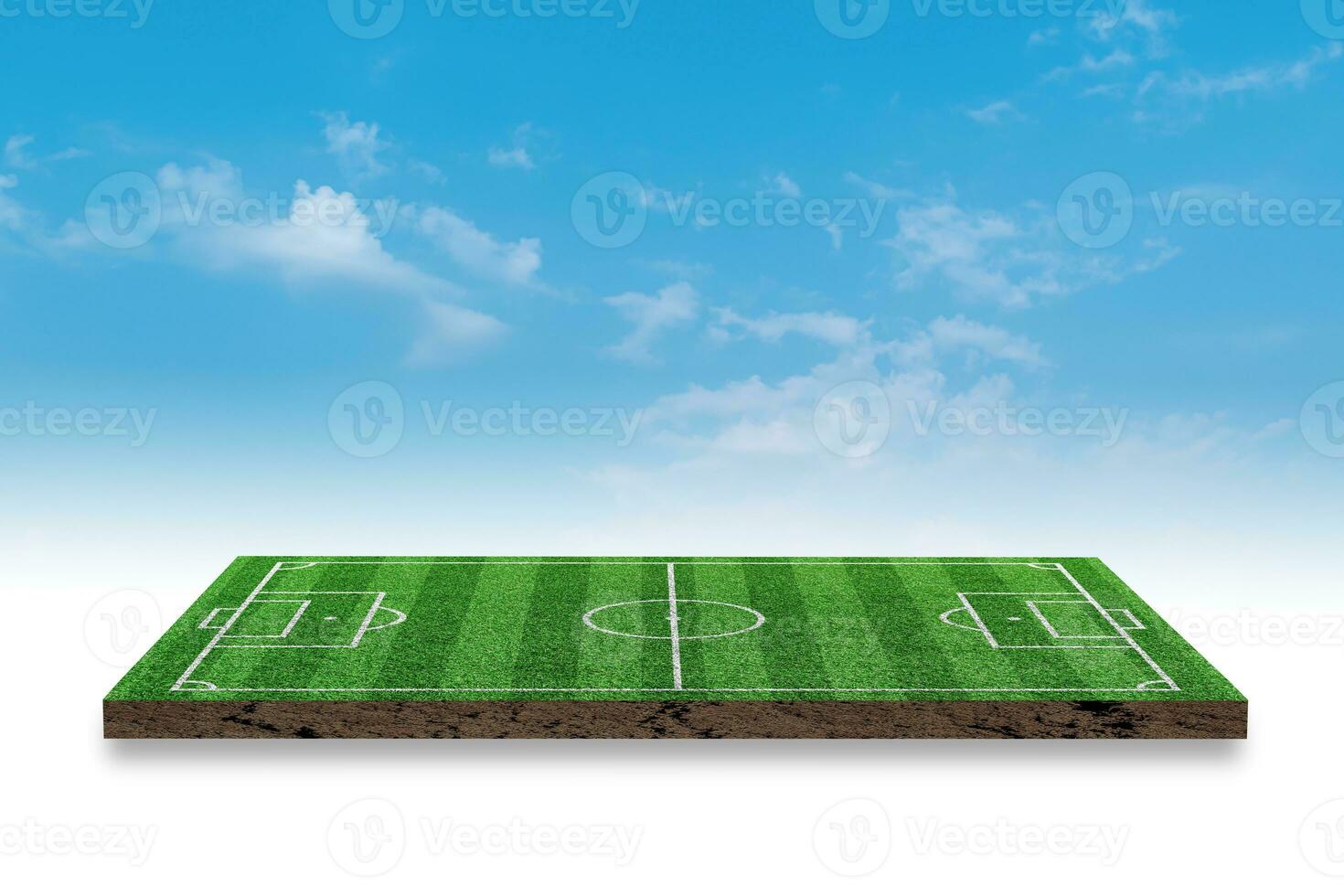 representación 3d campo de hierba verde de fútbol sobre fondo de cielo azul. foto