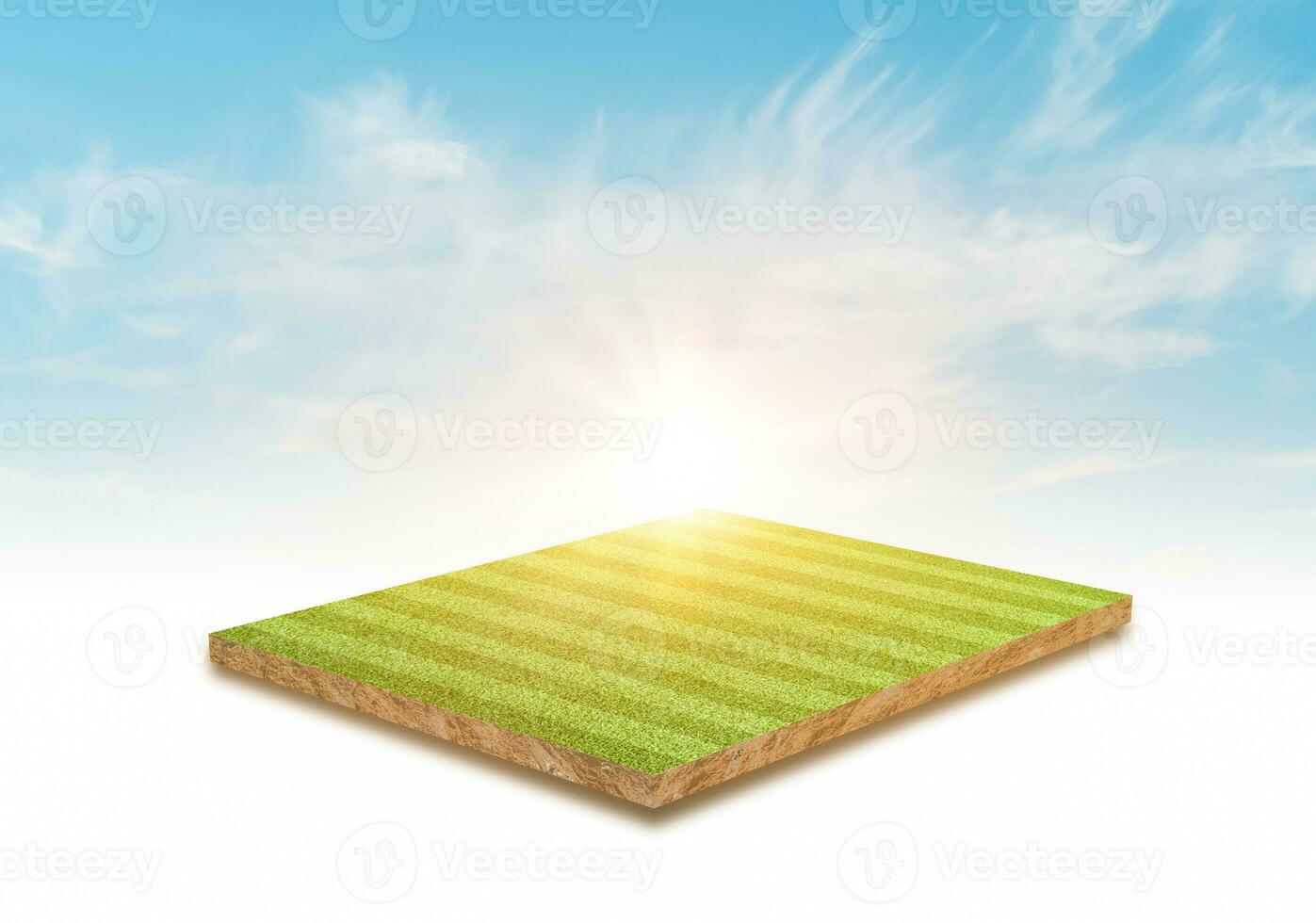 representación 3d campo de fútbol de hierba verde y fondo de nubes de cielo. foto