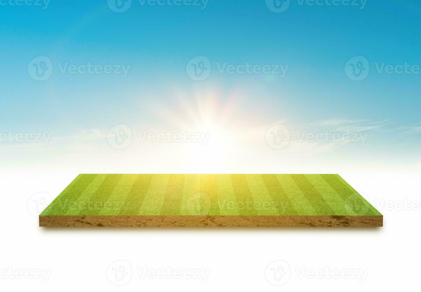 3D Rendering. Green grass soccer field and sky cloud background. photo