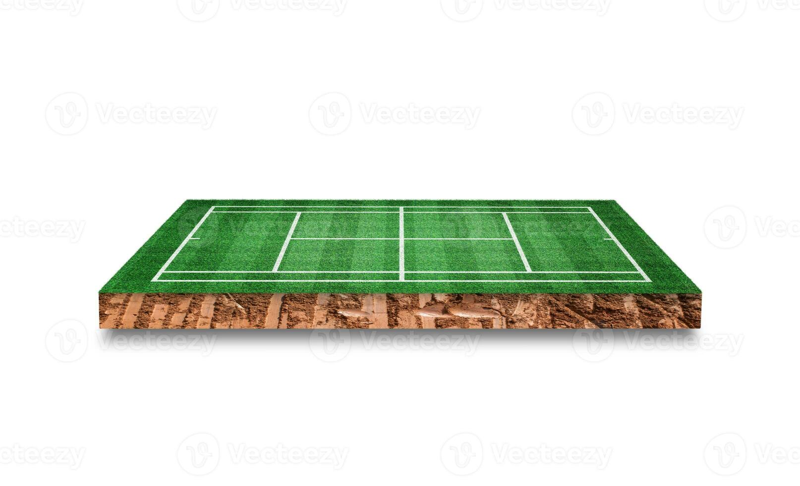 Soil cubic cross section with grass tennis court field isolated on white background. 3D rendering. photo