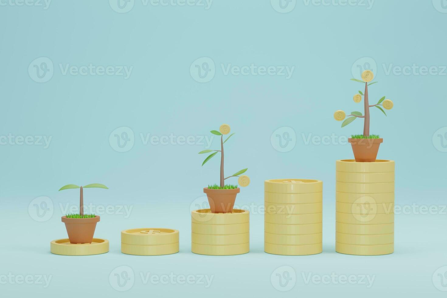 3D Rendering. Coins stack growth graph with tree. Concept of Business investment bank. photo