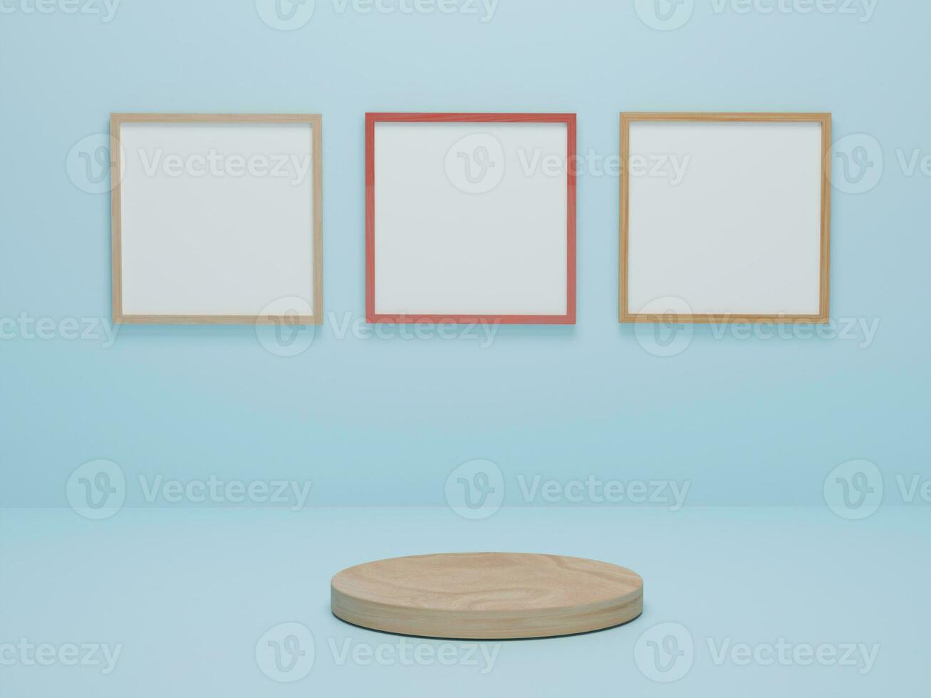 Geometric shape wood podium on blue background. Platforms for product presentation, mock up picture frame background. Abstract composition in minimal design. 3d rendering. photo