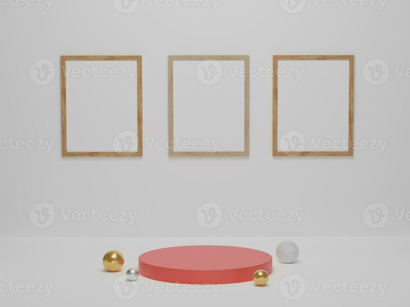 Red podium with wood picture frames on white background. Platforms for product presentation, mock up background. Blank background for product advertising. 3D render, 3D illustration photo