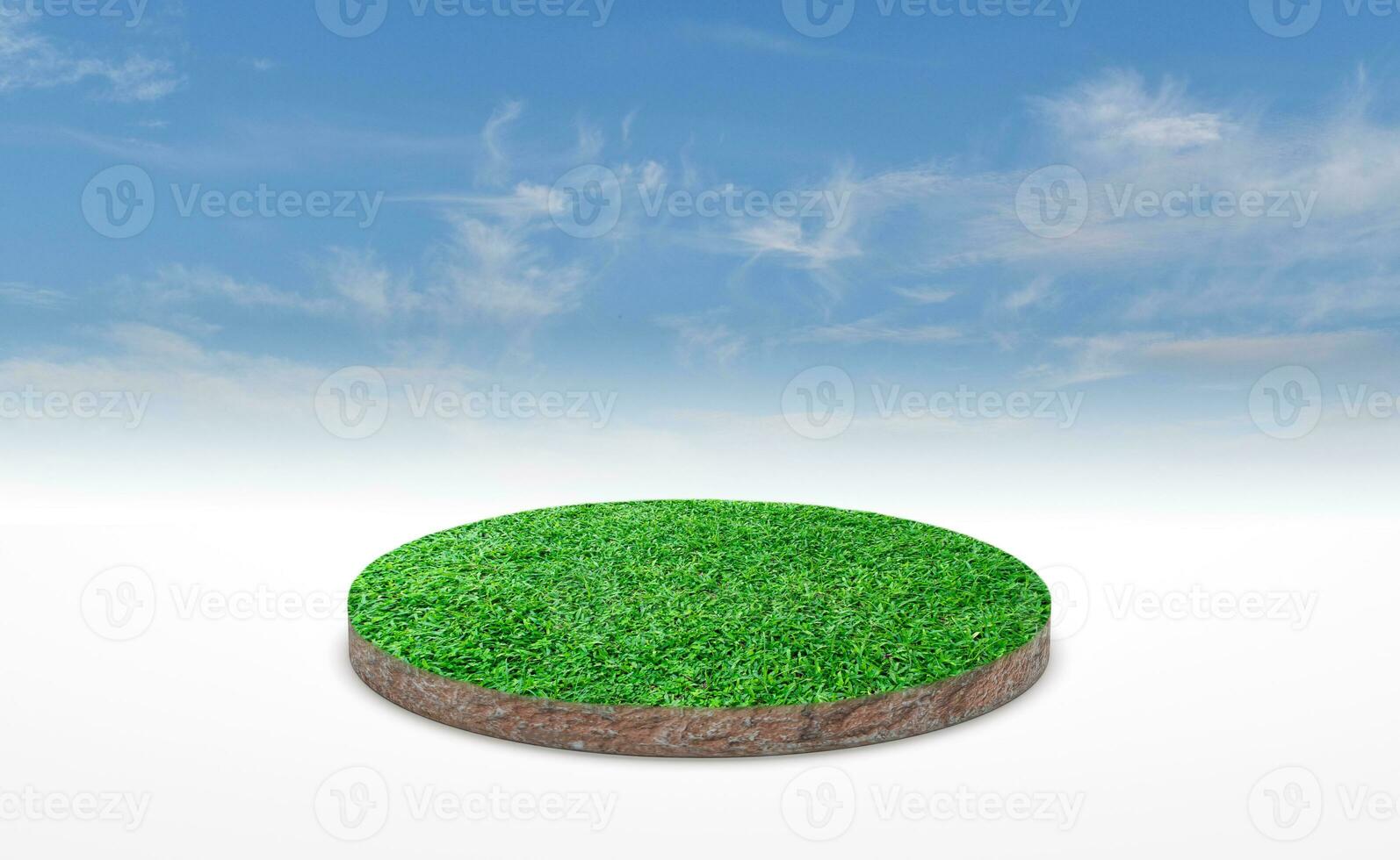 Representación 3d, podio circular de pradera terrestre. sección transversal del suelo con hierba verde sobre fondo de cielo azul. foto