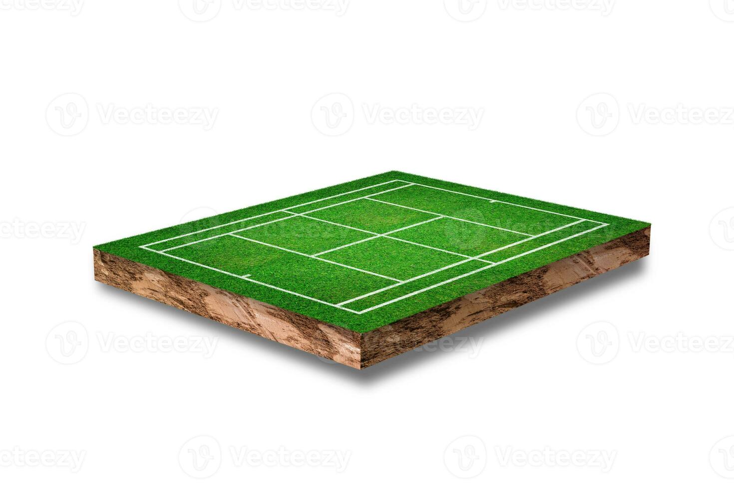 Soil cubic cross section with grass tennis court field isolated on white background. 3D rendering. photo