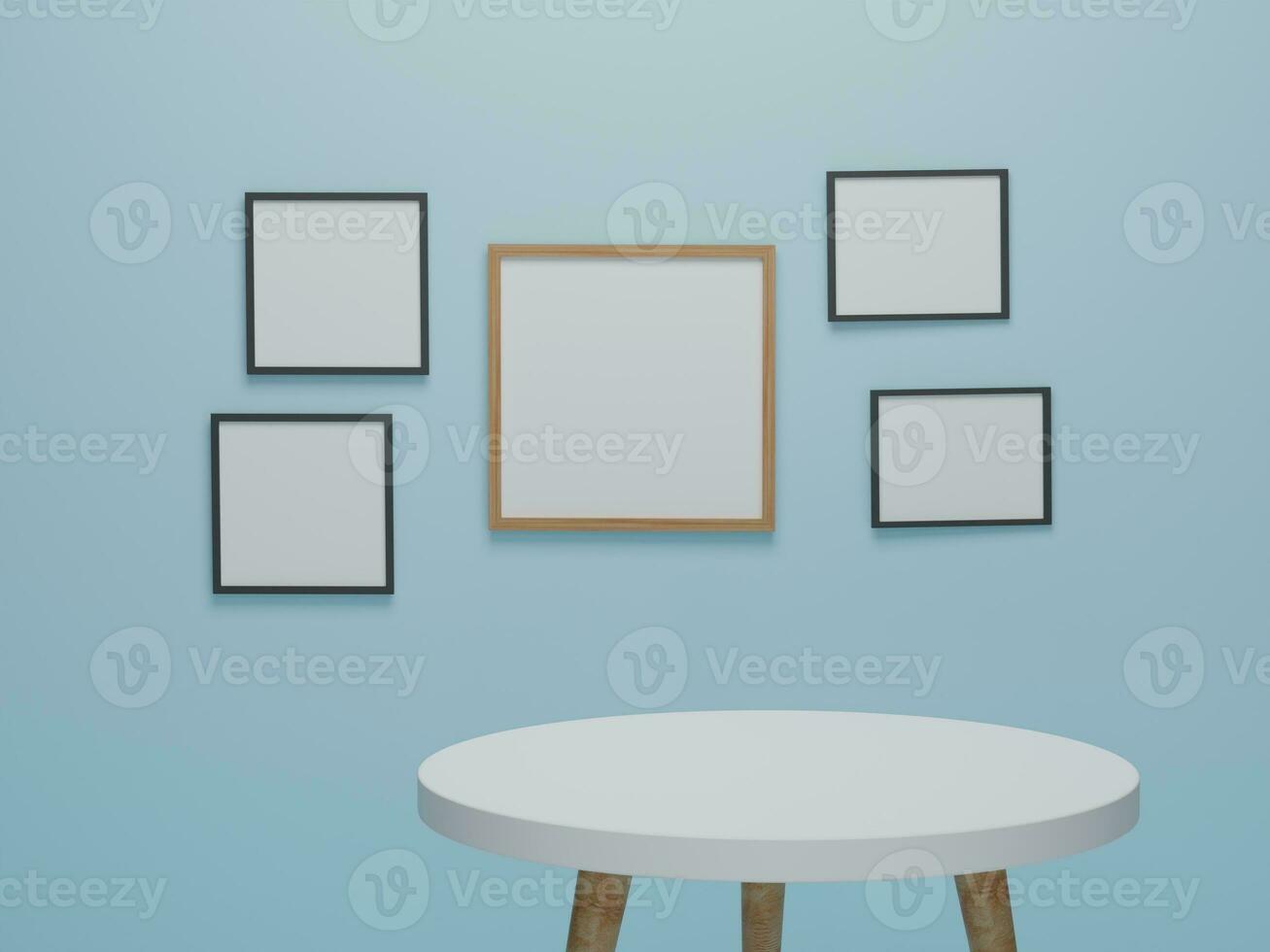 escena mínima abstracta con formas geométricas. mesa redonda de madera con maqueta de presentación de fondo de marco de fotos. renderizado 3d, ilustración 3d foto