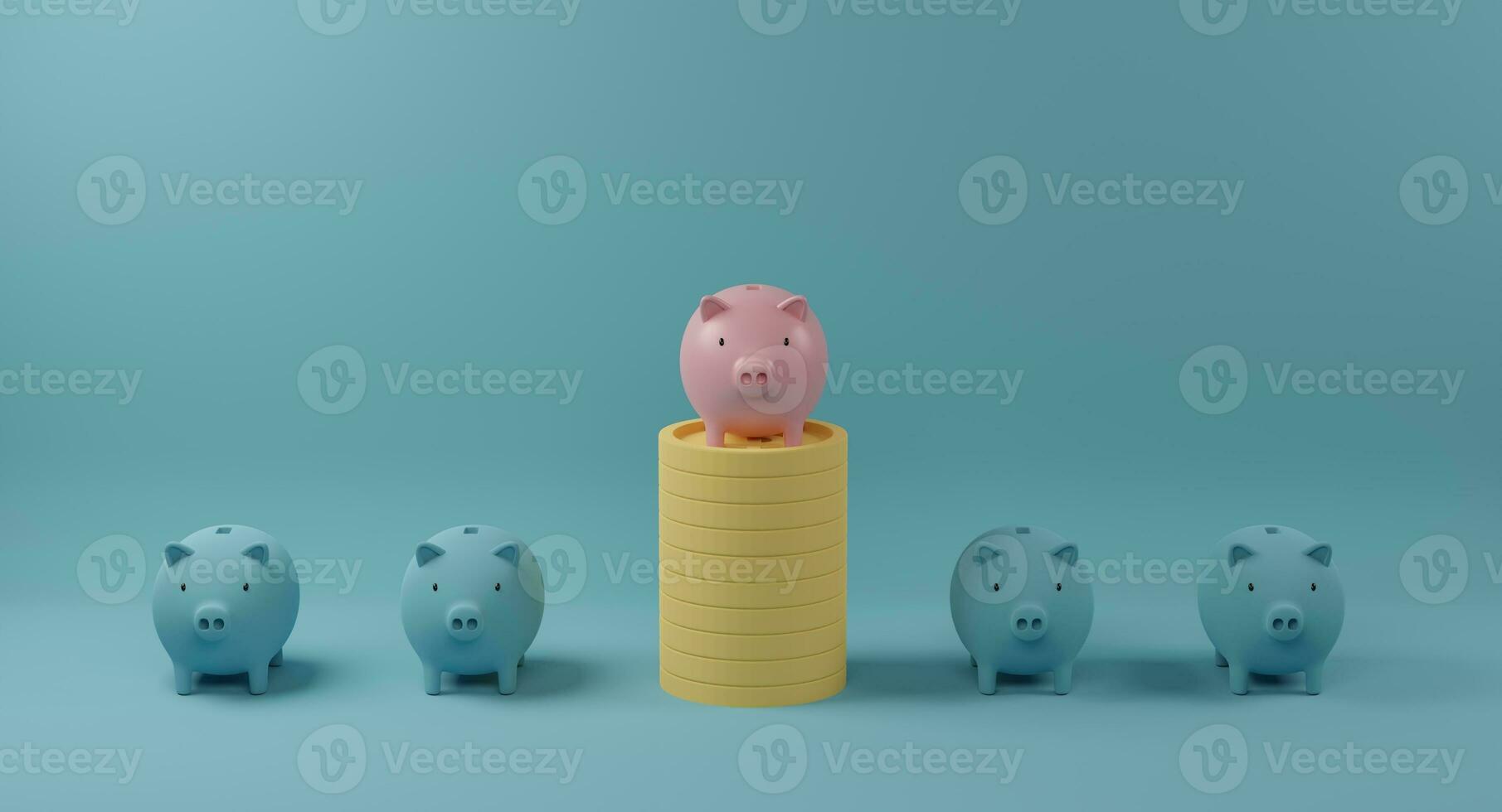 Pink piggy bank on coin stack standing out from crowd of identical blue fellows. Concept of outstanding and different. 3d rendering. photo