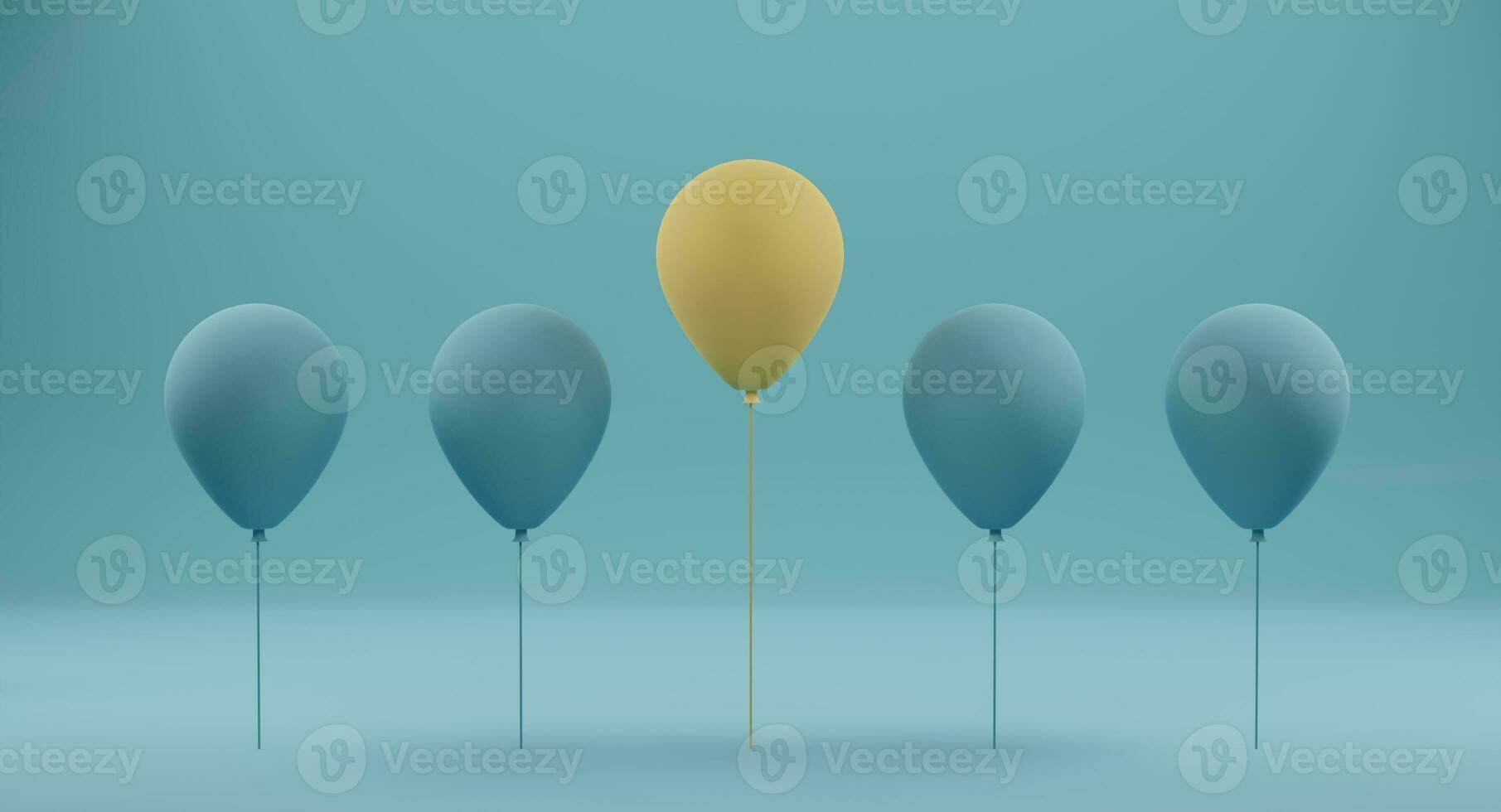 Outstanding yellow balloon among blue balloon on blue background. Concept of different and stand out from the crowd. 3D rendering photo