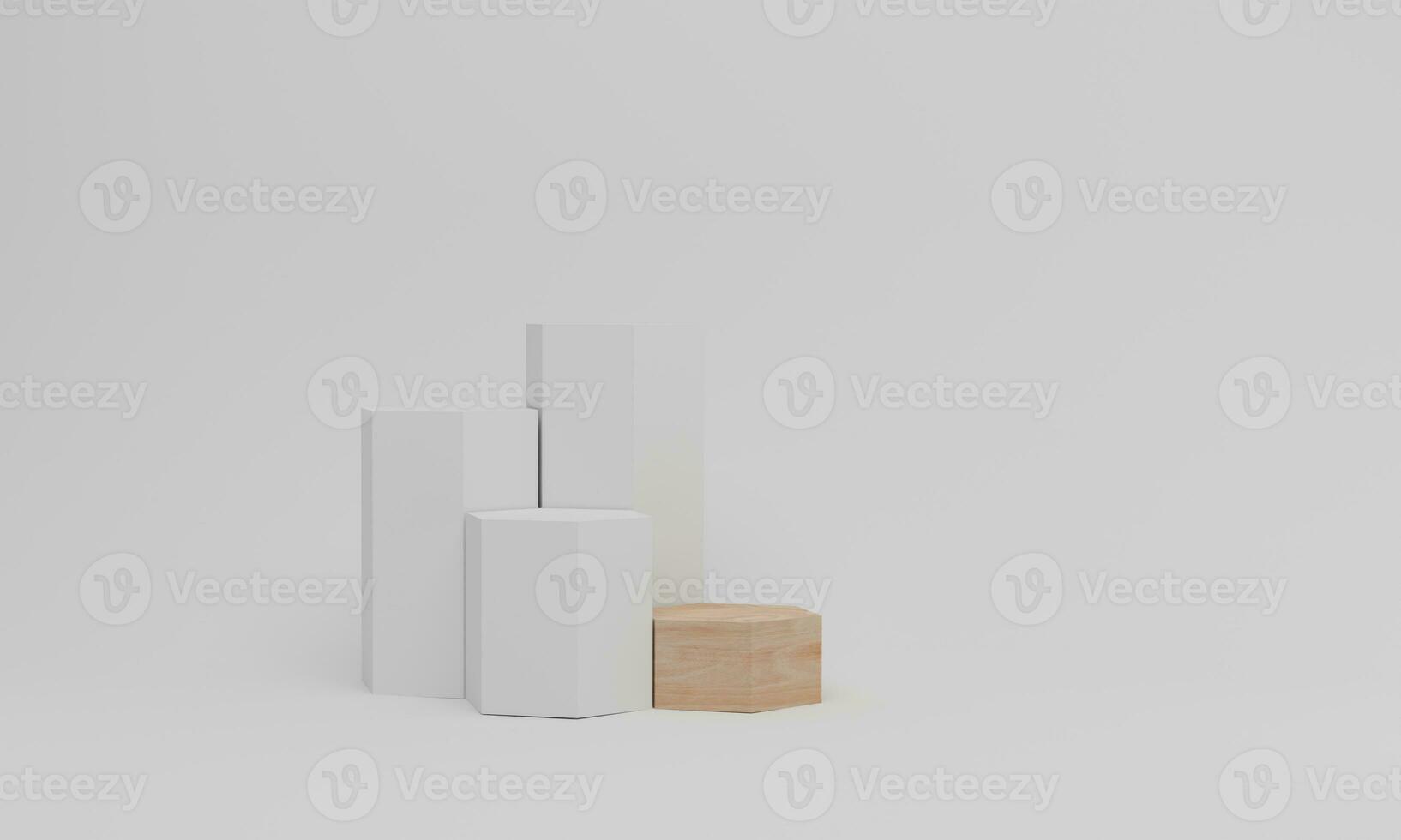 3d render. White podium in hexagon shape. Pedestal mockup on white background. Wood platform for product presentation photo