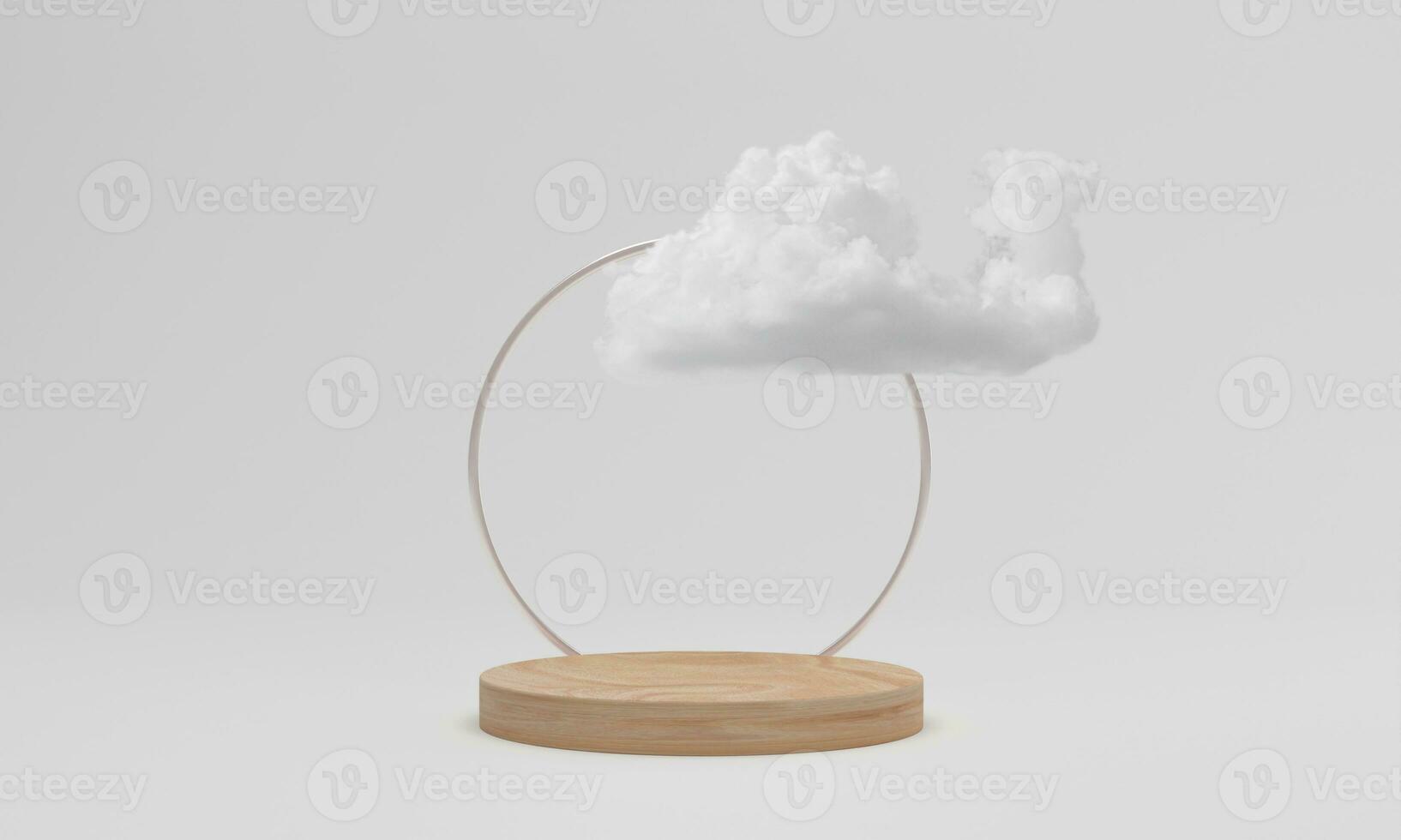 3d render. Wood podium with cloud on white background. Abstract minimal scene with geometrical. photo