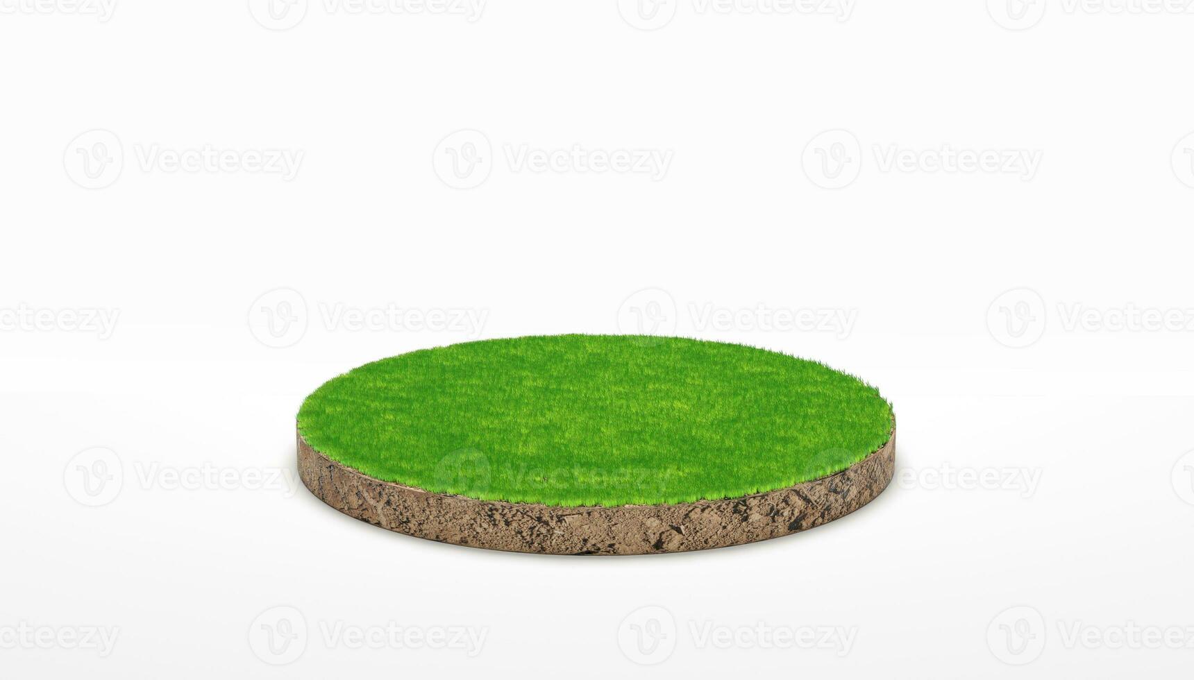 representación 3d sección transversal de suelo redondo con hierba verde sobre fondo blanco. foto