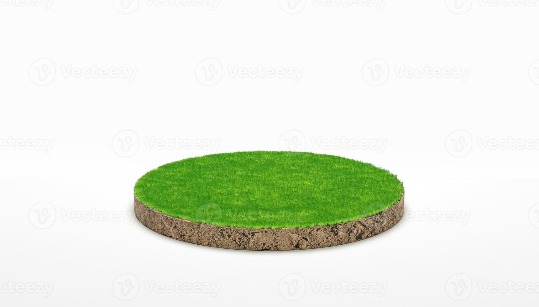3d rendering. Round soil ground cross section with green grass on white background. photo