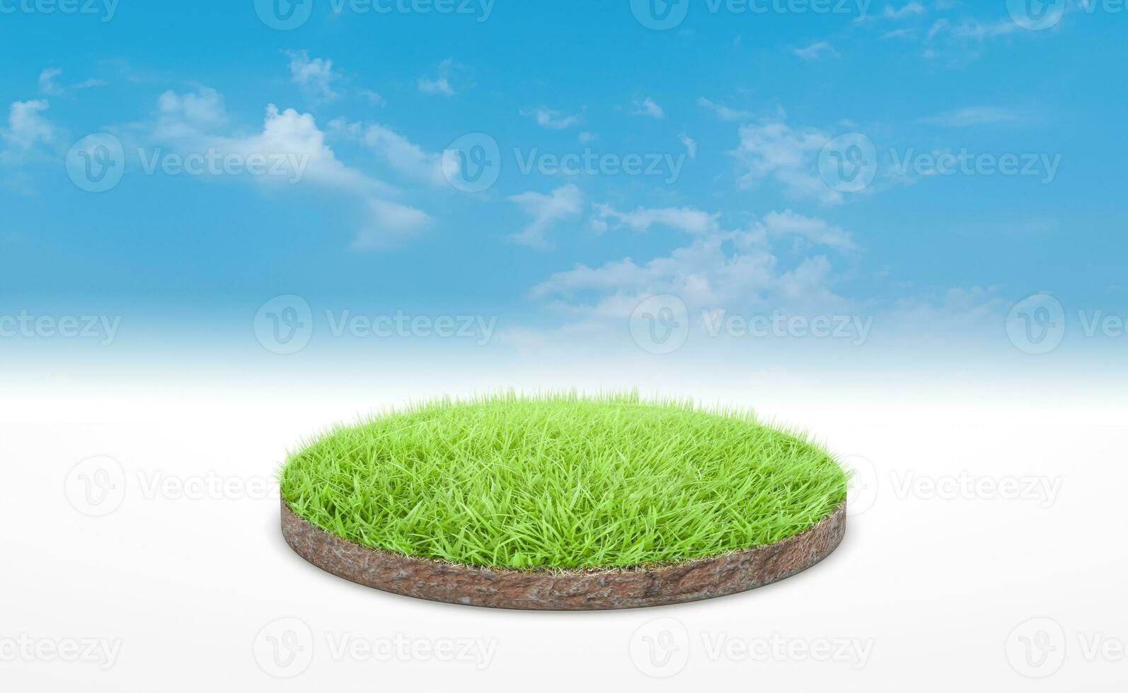 Representación 3d, podio circular de pradera terrestre. sección transversal del suelo con hierba verde sobre fondo de cielo azul. foto