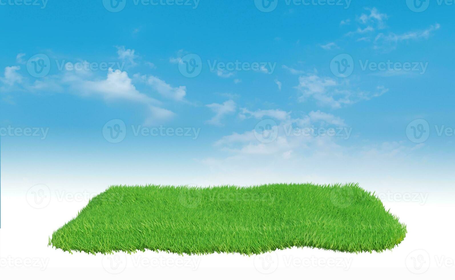 3d rendering, podium of land meadow. Green grass field over blue sky background. photo