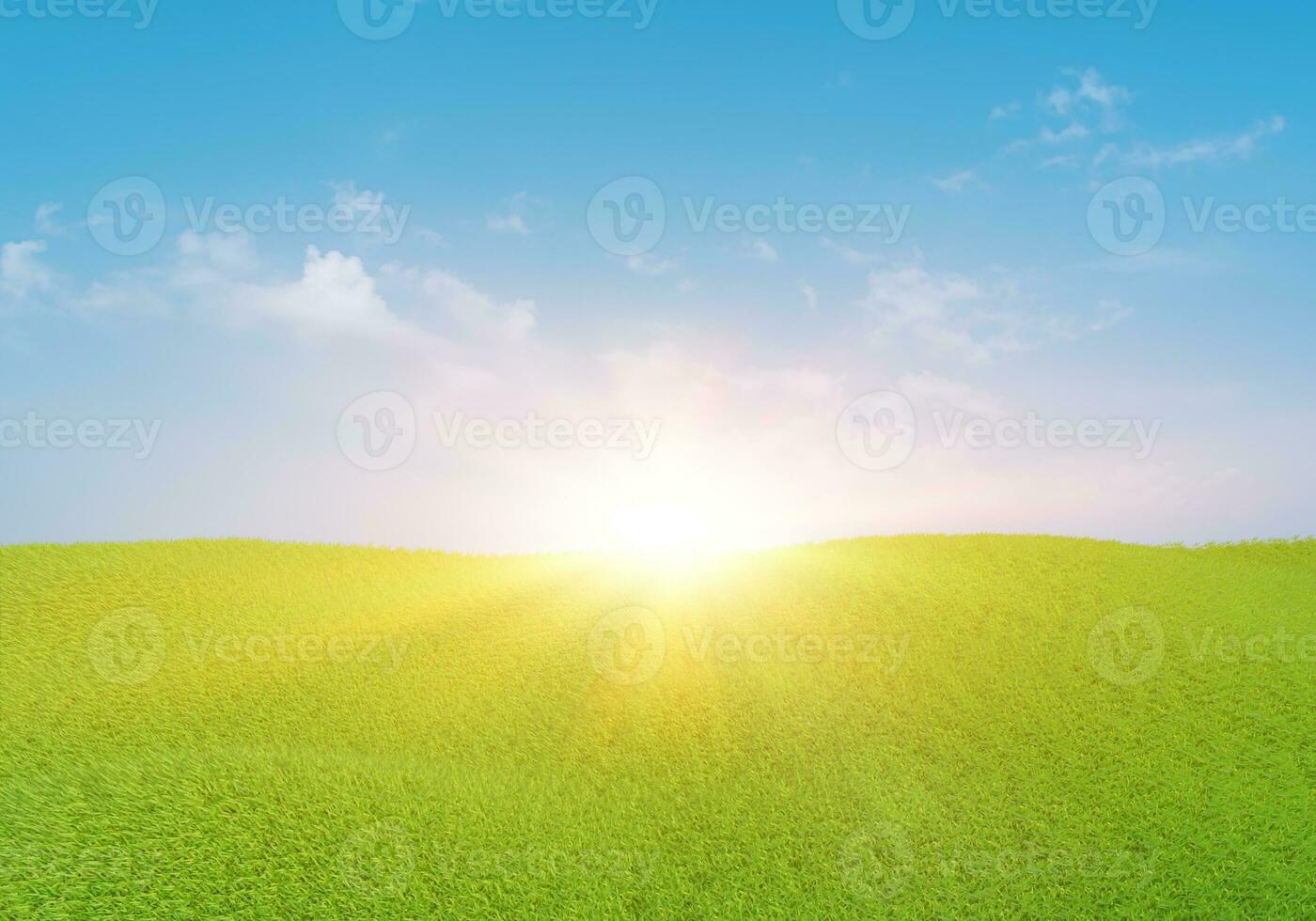 3d rendering. Green grass field with clouds and sun over blue sky background. Nature landscape. photo