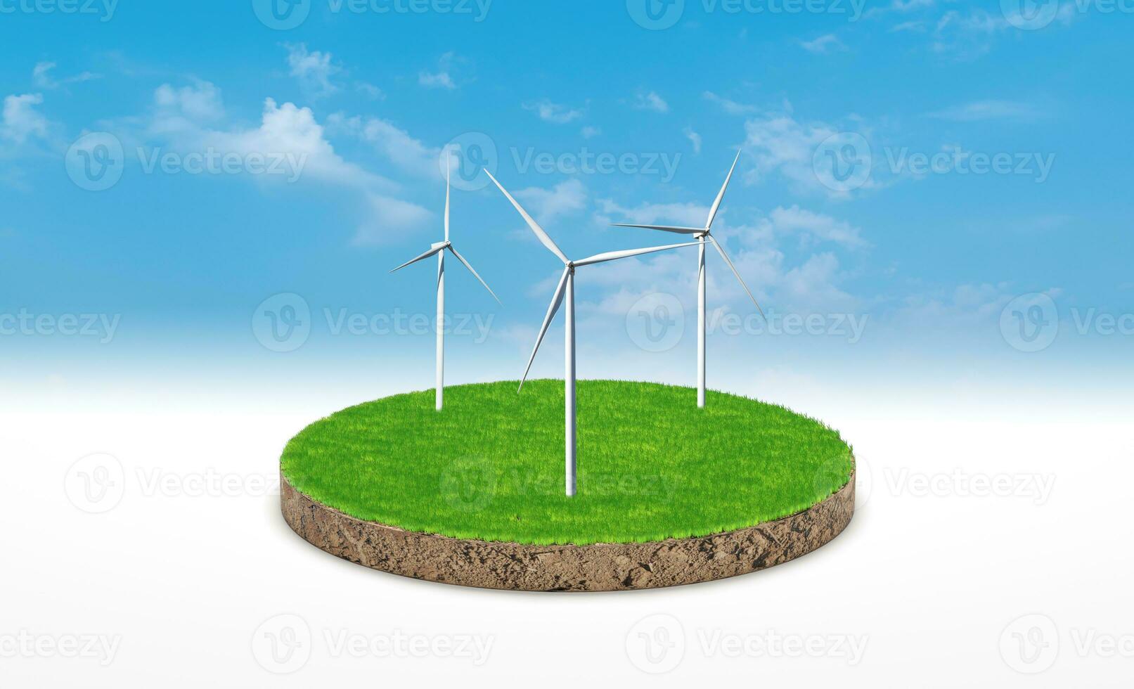 3d rendering. Cross section of green grass with wind turbine over blue sky background. photo