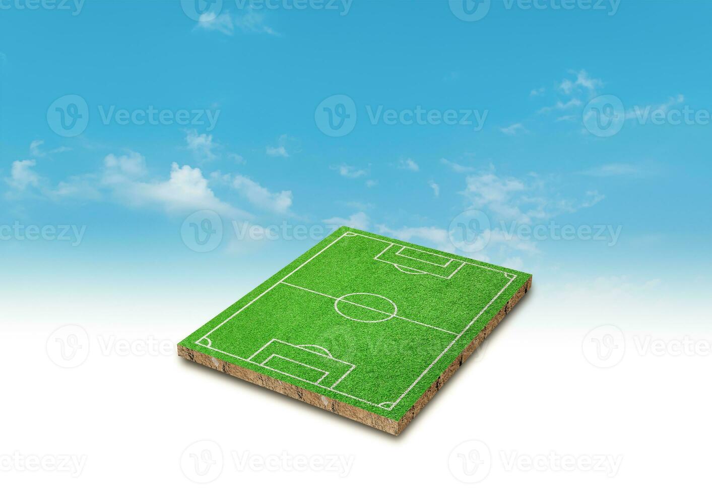 representación 3d campo de fútbol de hierba verde y fondo de nubes de cielo. foto
